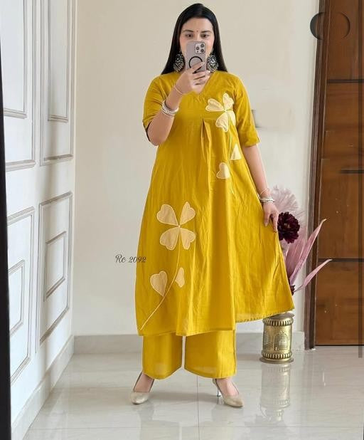 Mustard Bloom Appliqué Kurta Pant Set