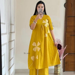 Mustard Bloom Appliqué Kurta Pant Set