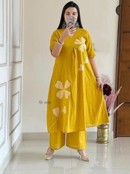 Mustard Bloom Appliqué Kurta Pant Set