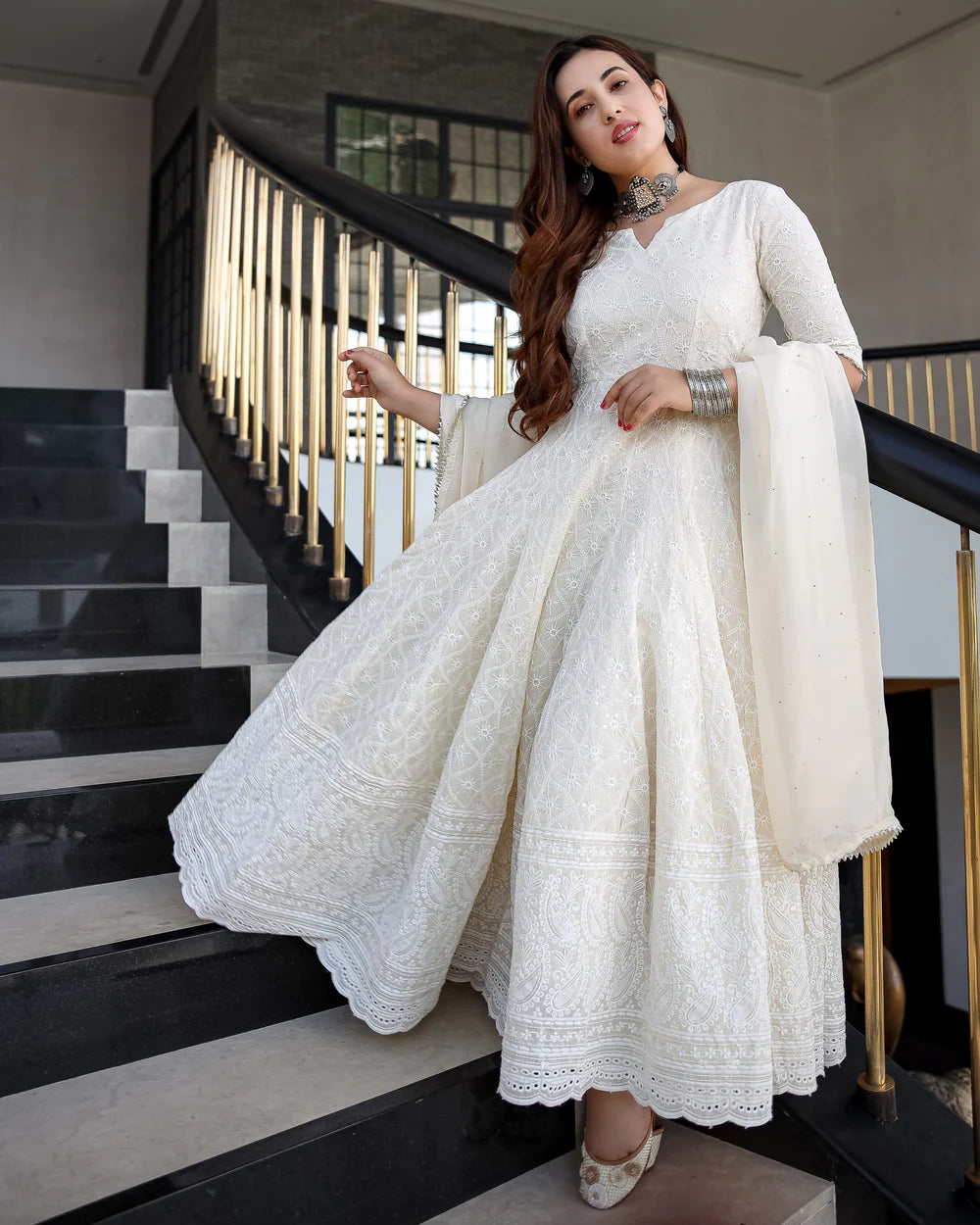 Noor Ivory Chikankari Anarkali Set with Dupatta