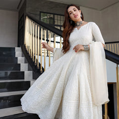 Noor Ivory Chikankari Anarkali Set with Dupatta