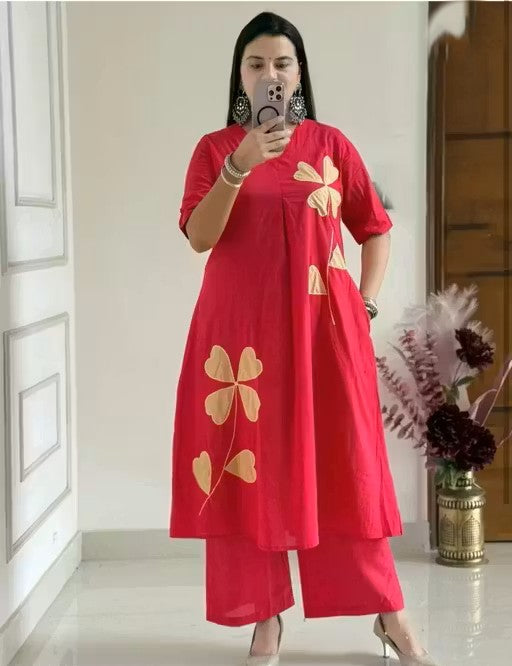 Crimson Petal Appliqué Kurta Pant Set