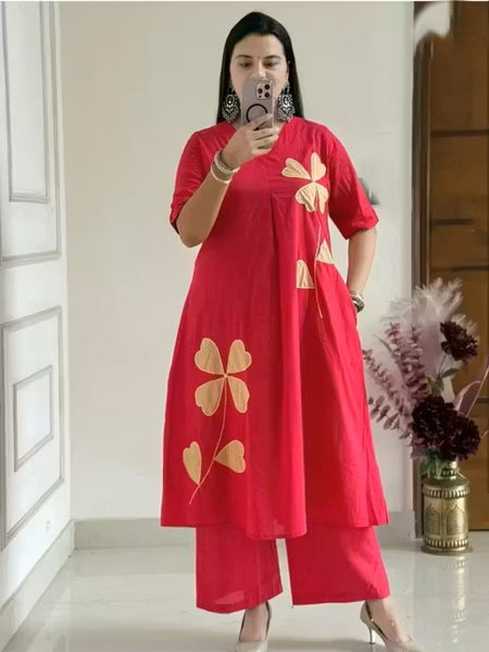 Crimson Petal Appliqué Kurta Pant Set