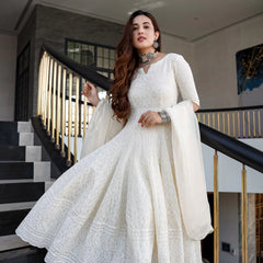 Noor Ivory Chikankari Anarkali Set with Dupatta