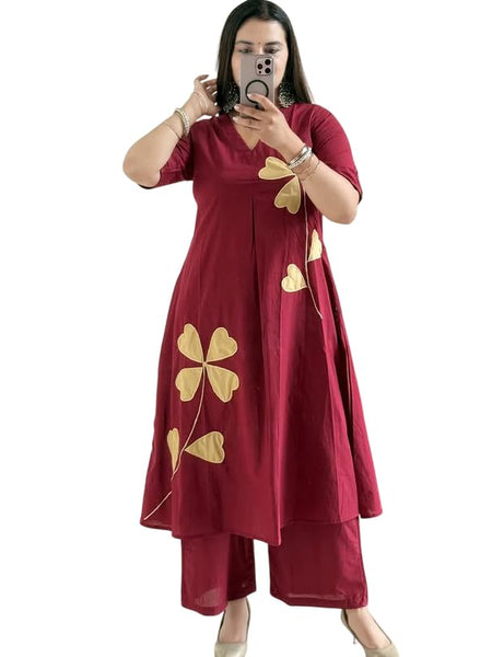 Wine Petal Appliqué Kurta Pant Set