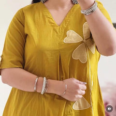 Mustard Bloom Appliqué Kurta Pant Set