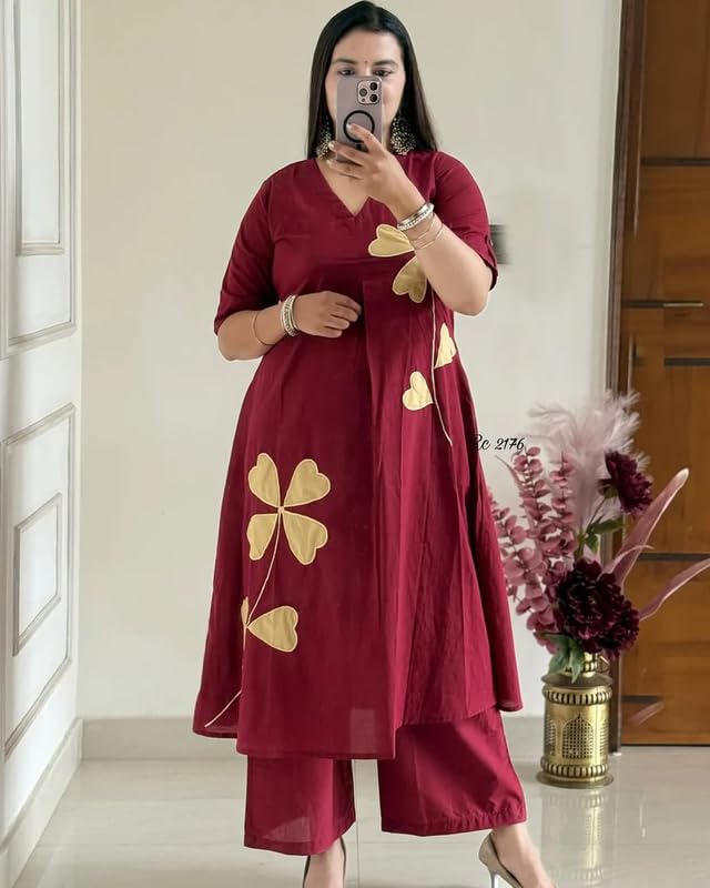 Wine Petal Appliqué Kurta Pant Set