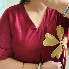 Wine Petal Appliqué Kurta Pant Set