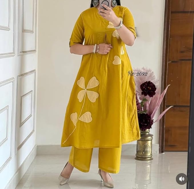 Mustard Bloom Appliqué Kurta Pant Set