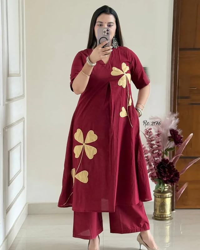 Wine Petal Appliqué Kurta Pant Set