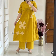 Mustard Bloom Appliqué Kurta Pant Set