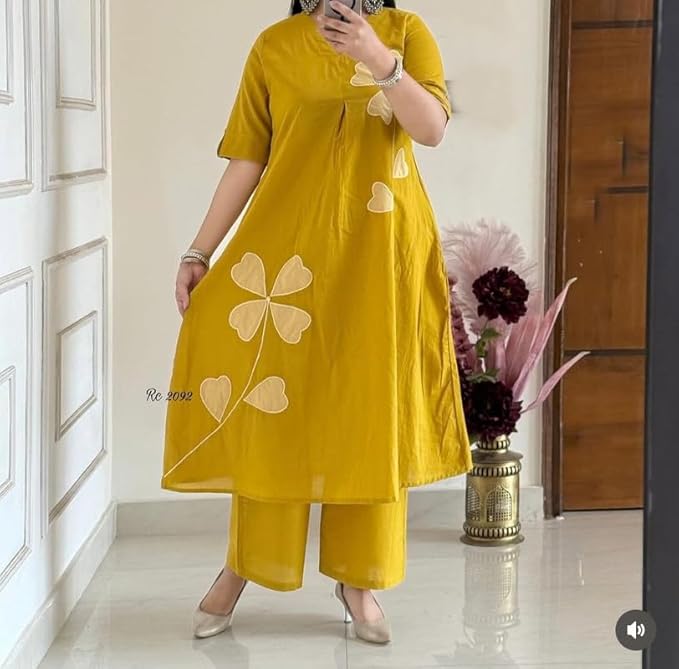 Mustard Bloom Appliqué Kurta Pant Set