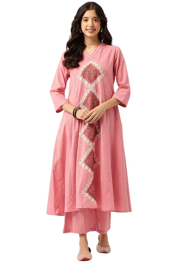Roza Pink Geometric Embroidered Kurta Set