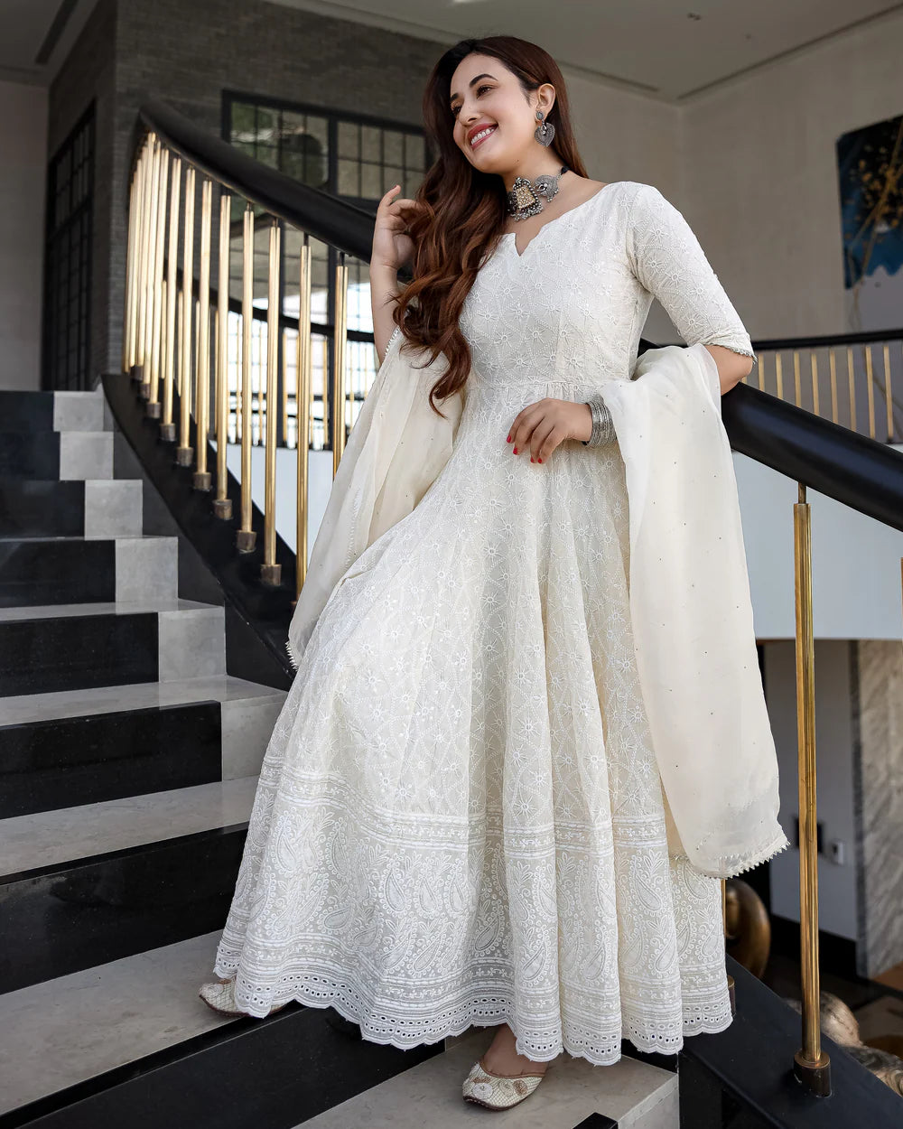 Noor Ivory Chikankari Anarkali Set with Dupatta
