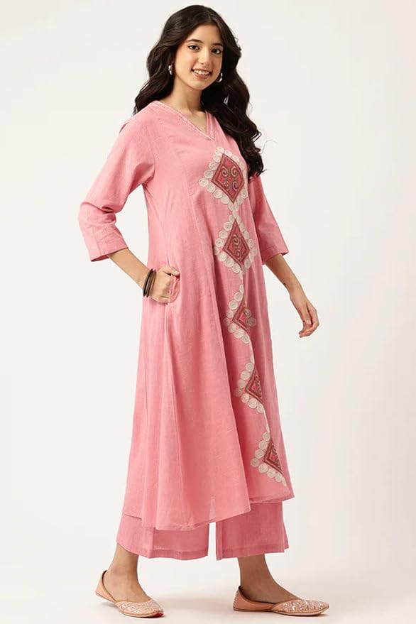 Roza Pink Geometric Embroidered Kurta Set