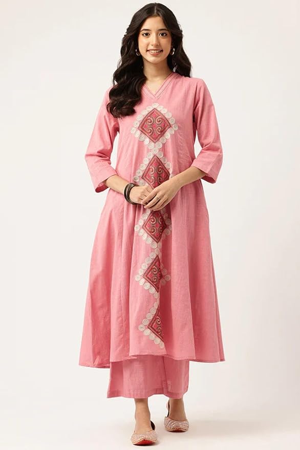 Roza Pink Geometric Embroidered Kurta Set