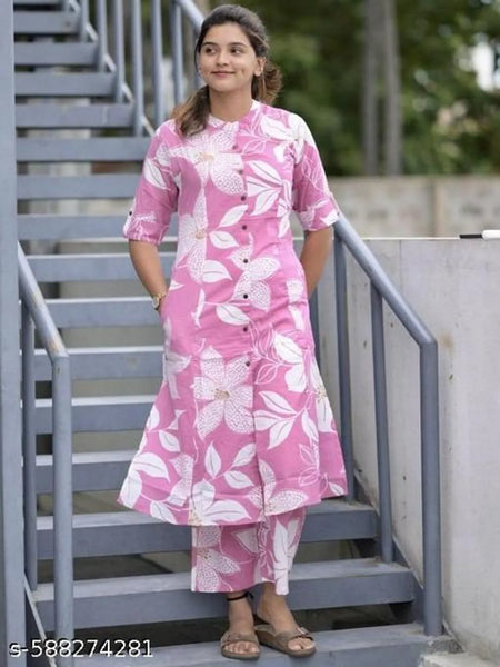 Pink Rayon Printed Aline Kurta Set For Women
