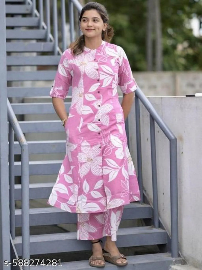 Pink Rayon Printed Aline Kurta Set For Women