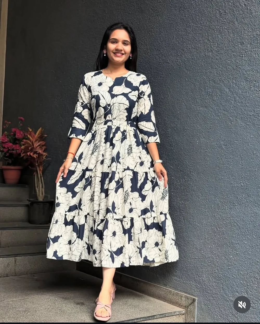 Midnight Bloom Navy Tiered Midi Dress