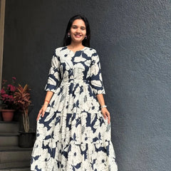 Midnight Bloom Navy Tiered Midi Dress