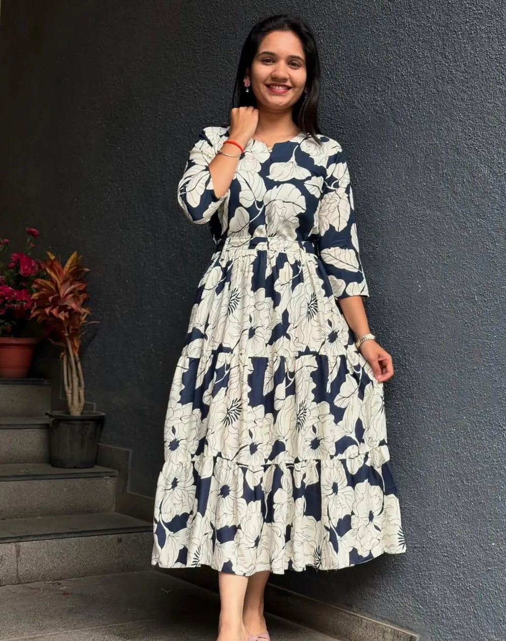 Midnight Bloom Navy Tiered Midi Dress