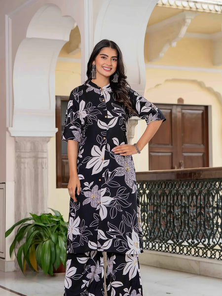 Black Rayon Floral Printed Cotton Kurta Set