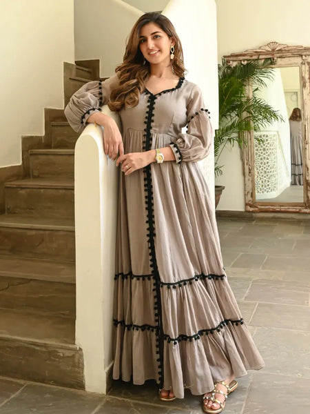Brown Rayon Flared Gown with Contrast Lace Detailing