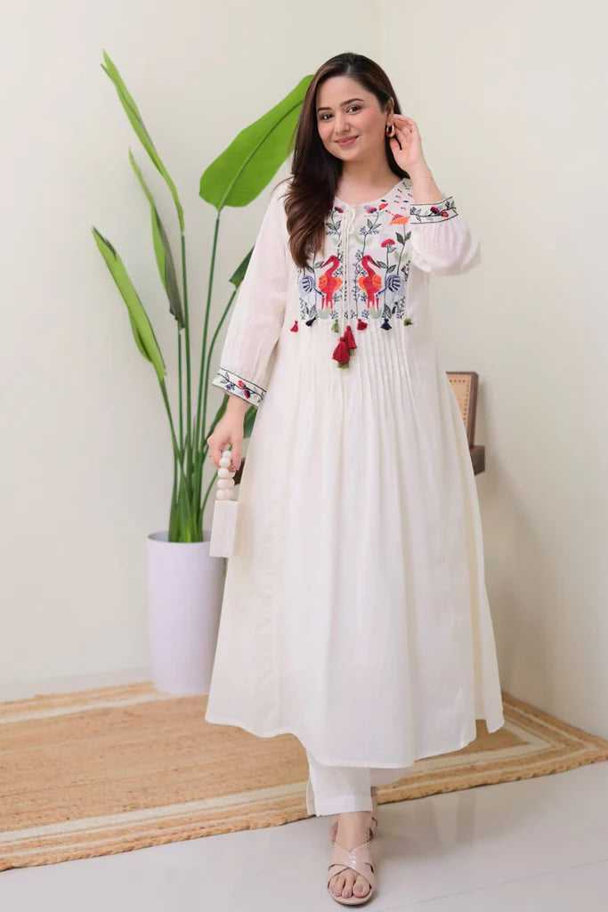 Noor-e-Gul Ivory Embroidered  Rayon Kurta Set