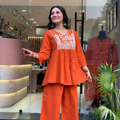 Utsav Peplum Kurta Pant Set – Rust Orange