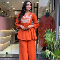 Utsav Peplum Kurta Pant Set – Rust Orange
