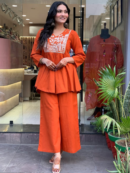 Utsav Peplum Kurta Pant Set – Rust Orange
