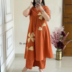 Rust Petal Appliqué Kurta Pant Set