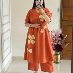 Rust Petal Appliqué Kurta Pant Set