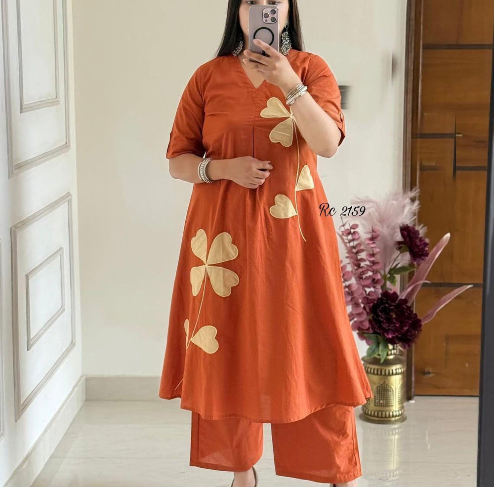 Rust Petal Appliqué Kurta Pant Set