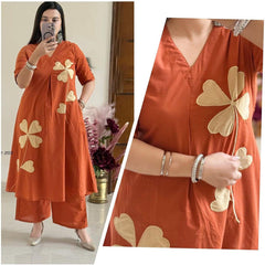 Rust Petal Appliqué Kurta Pant Set