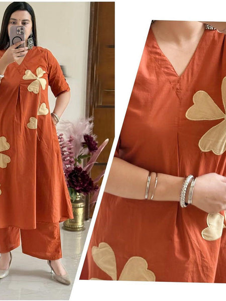 Rust Petal Appliqué Kurta Pant Set