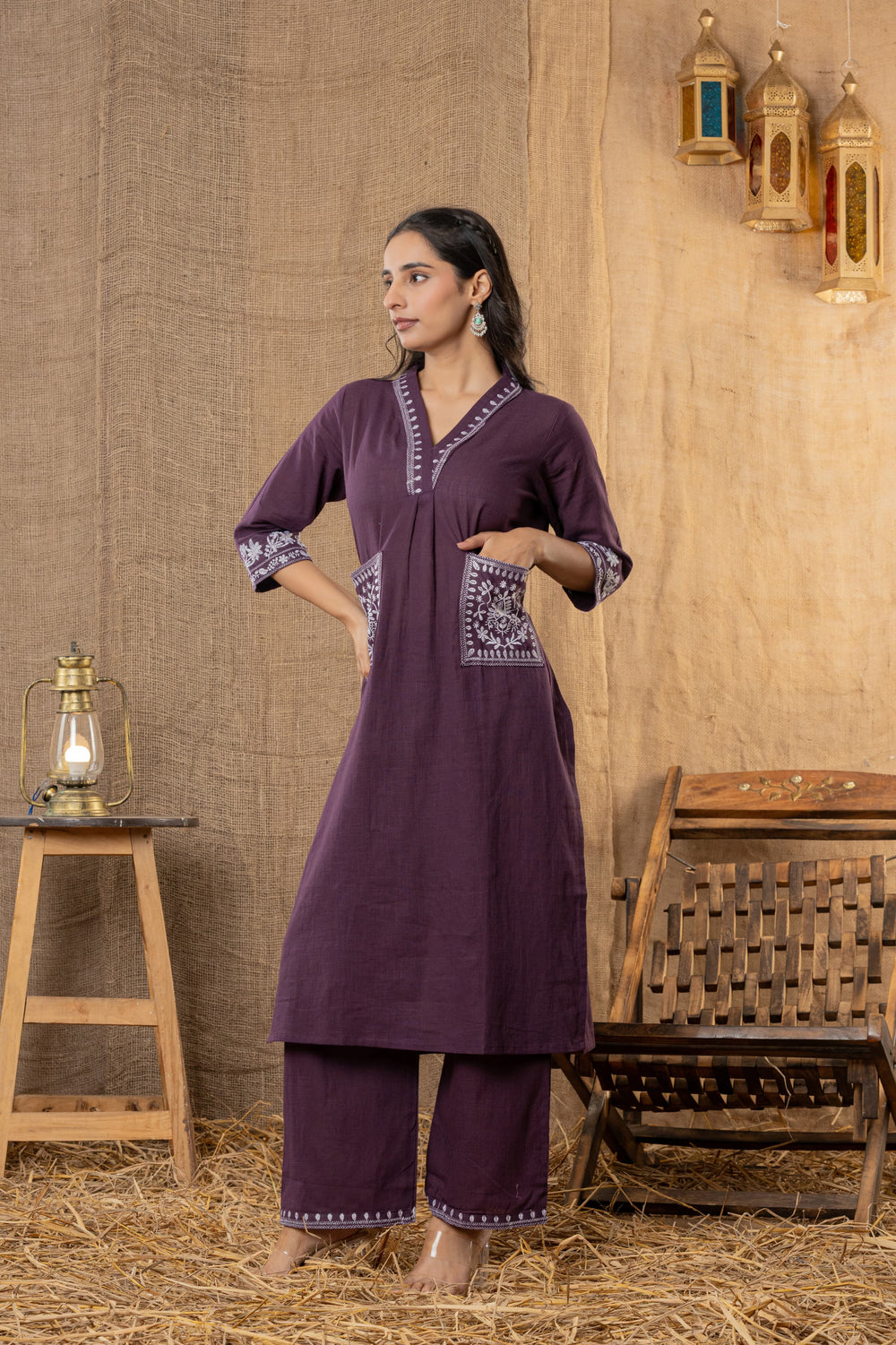 Gulbahaar Hand-Embroidered Kurta Pant Set – Plum