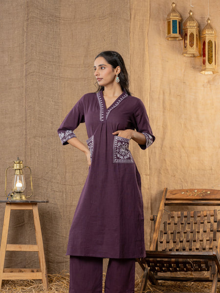 Gulbahaar Hand-Embroidered Kurta Pant Set – Plum