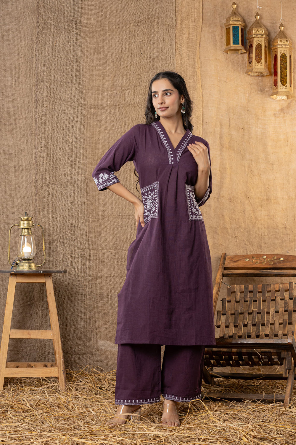 Gulbahaar Hand-Embroidered Kurta Pant Set – Plum