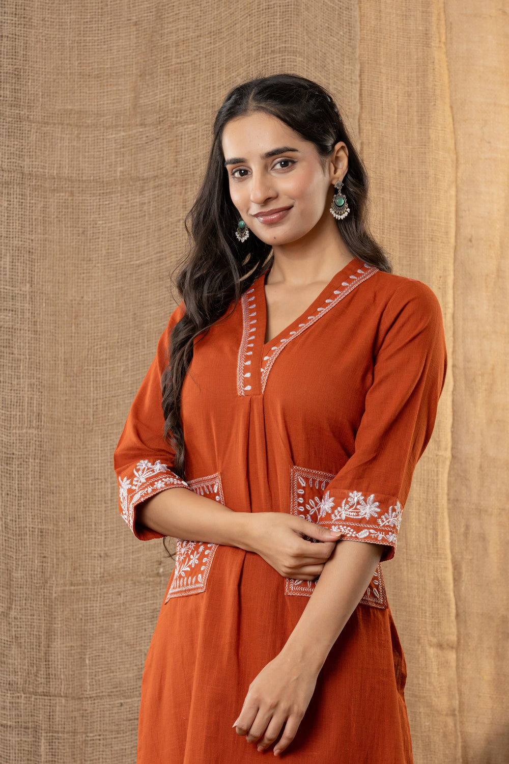 Aarohi Hand-Embroidered Kurta Pant Set – Rust Terracotta