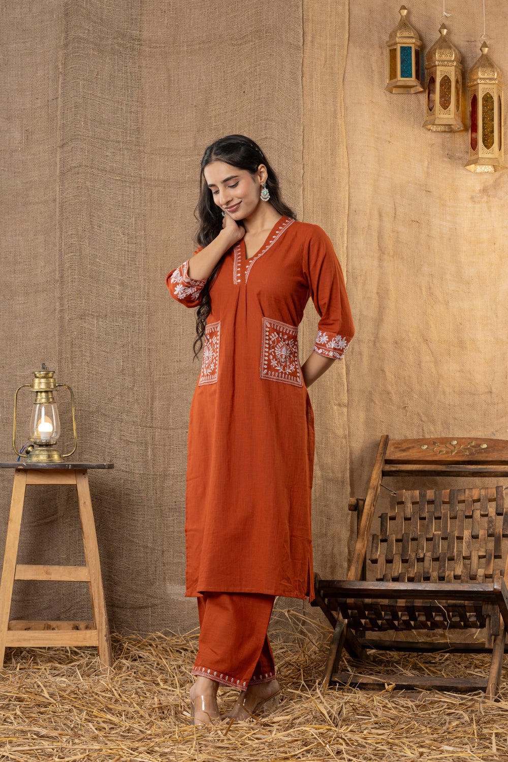 Aarohi Hand-Embroidered Kurta Pant Set – Rust Terracotta