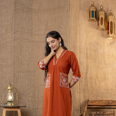 Aarohi Hand-Embroidered Kurta Pant Set – Rust Terracotta