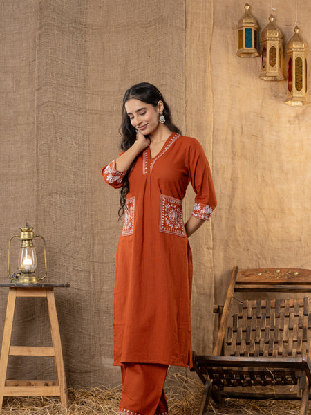 Aarohi Hand-Embroidered Kurta Pant Set – Rust Terracotta