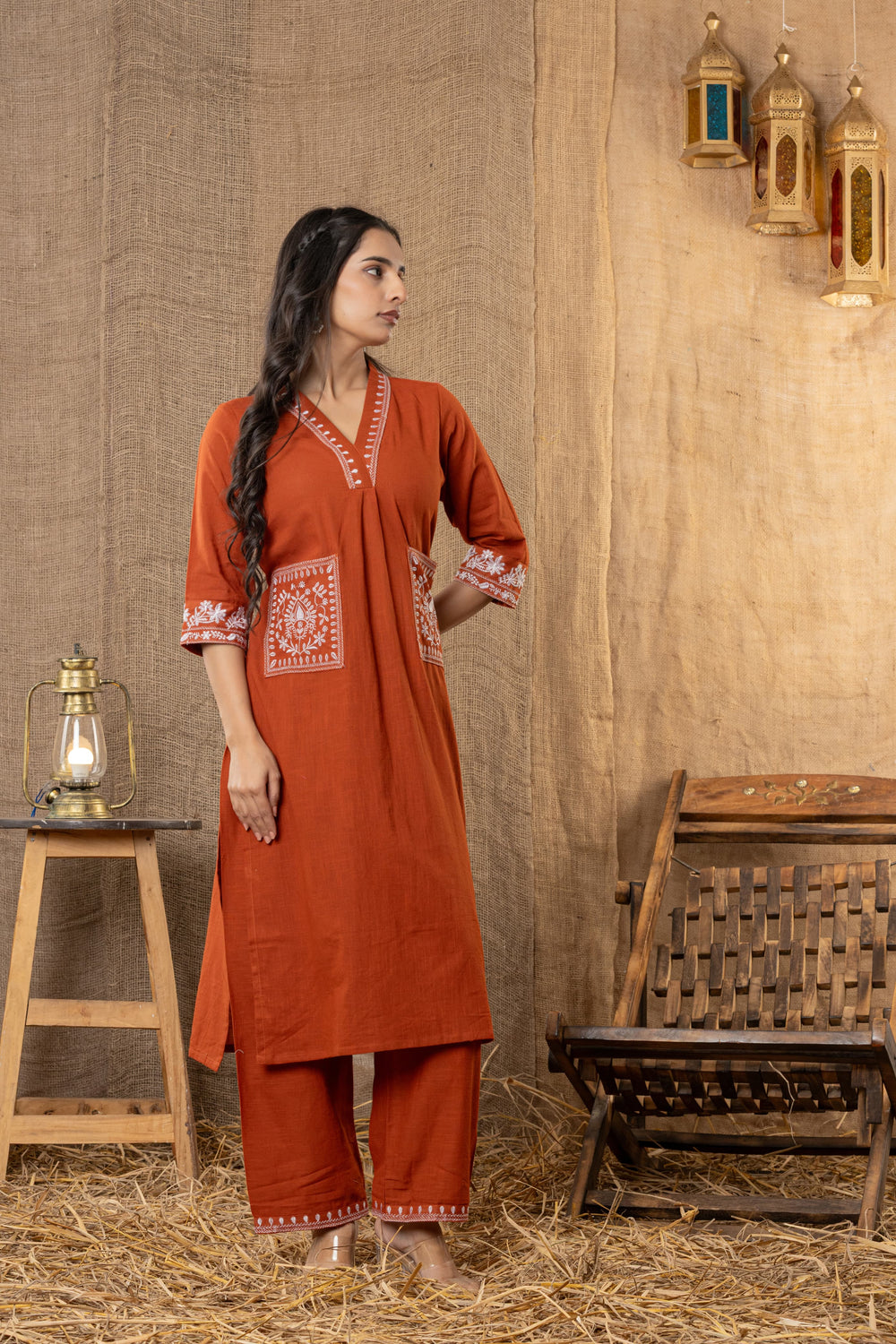 Aarohi Hand-Embroidered Kurta Pant Set – Rust Terracotta