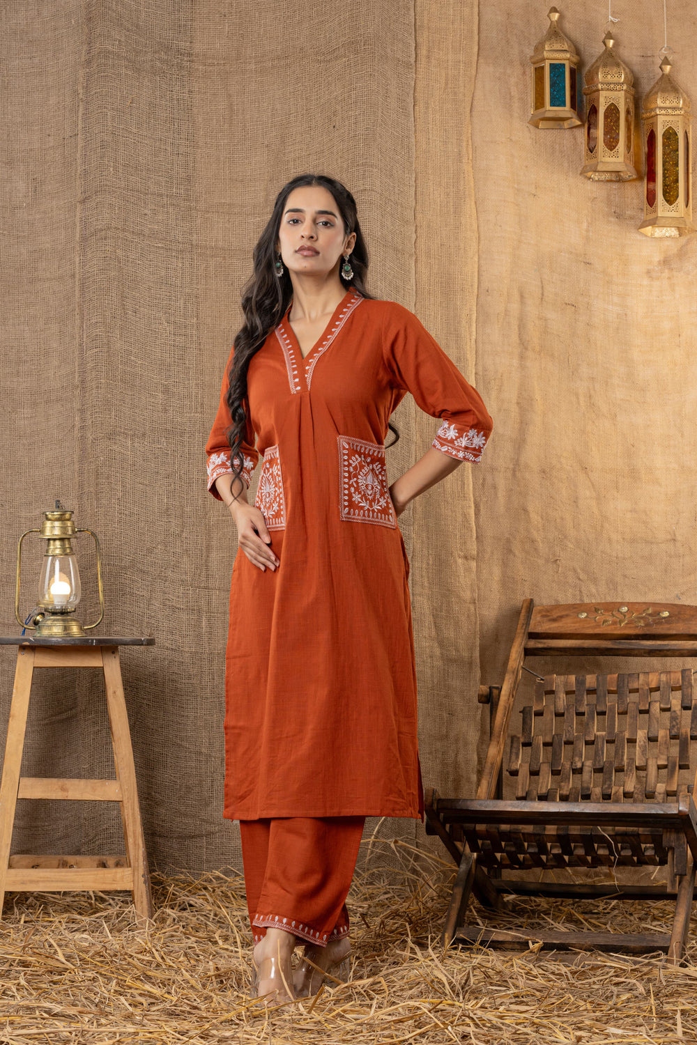 Aarohi Hand-Embroidered Kurta Pant Set – Rust Terracotta