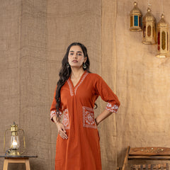 Aarohi Hand-Embroidered Kurta Pant Set – Rust Terracotta