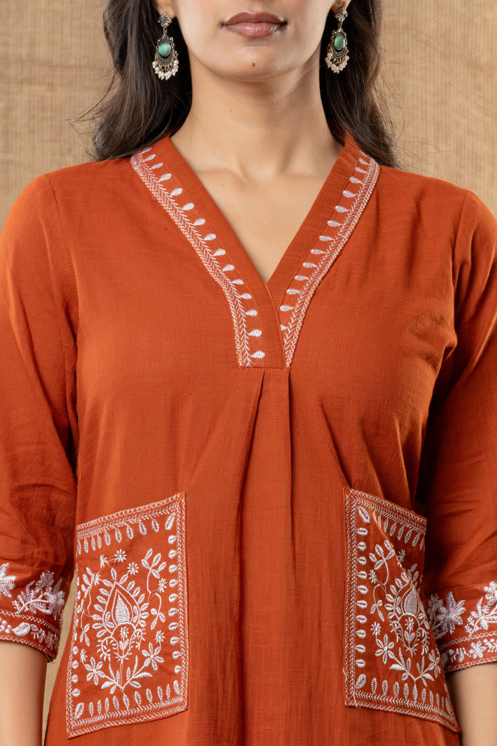 Aarohi Hand-Embroidered Kurta Pant Set – Rust Terracotta
