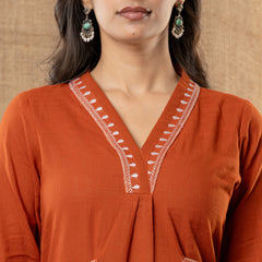 Aarohi Hand-Embroidered Kurta Pant Set – Rust Terracotta