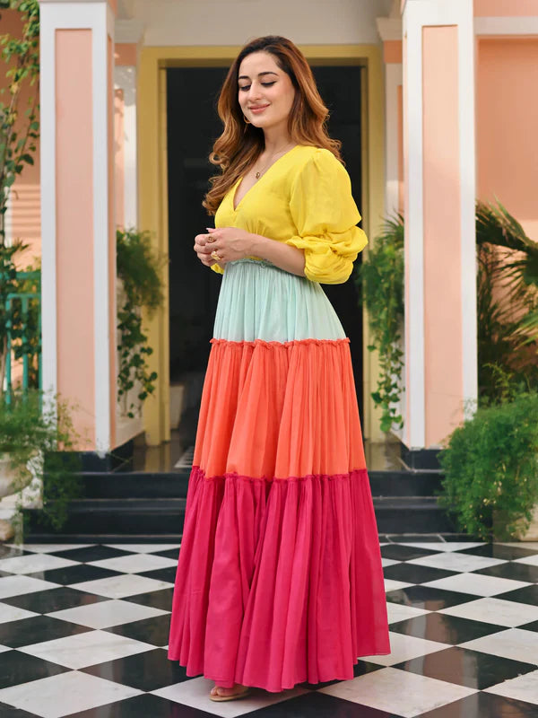Candy Sunset Multicolor Tiered Cotton Flared Dress