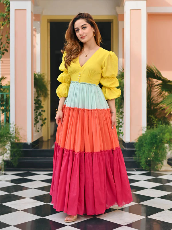 Candy Sunset Multicolor Tiered Cotton Flared Dress